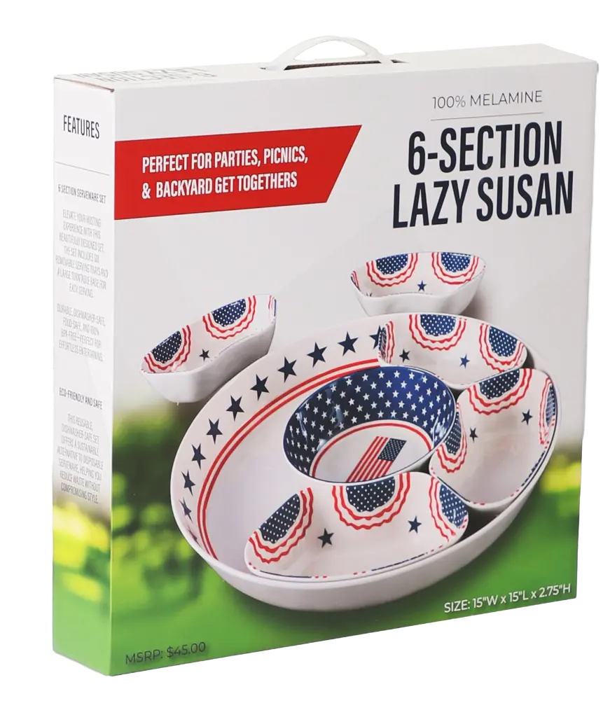 LL-RM-04-K2J - 6-Section Melamine Serving Platter with Lazy Susan & Storage Lid- Americana - box.webp