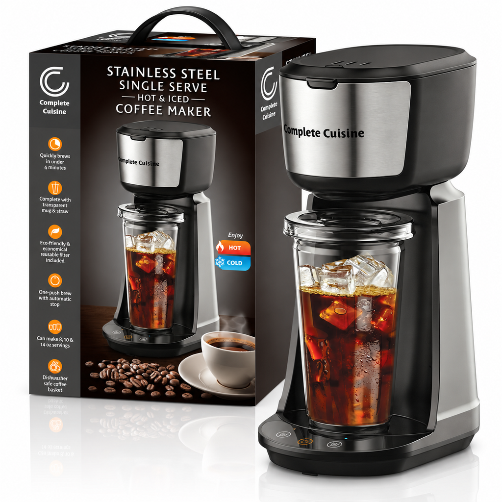 Complete Cuisine® Stainless Steel Single Serve Hot & Iced Coffee Maker