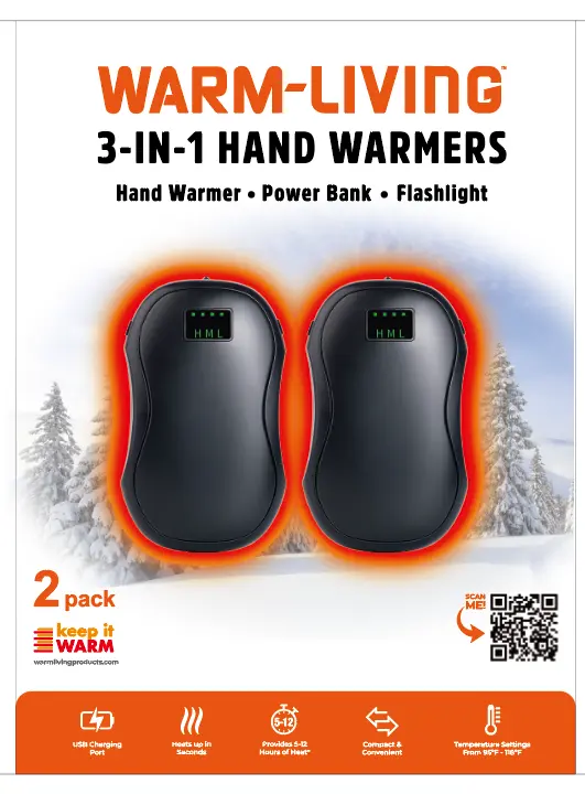 Warm Living 3-in-1 Handwarmers with Built-in Flashlight and Powerbank - Set of 2