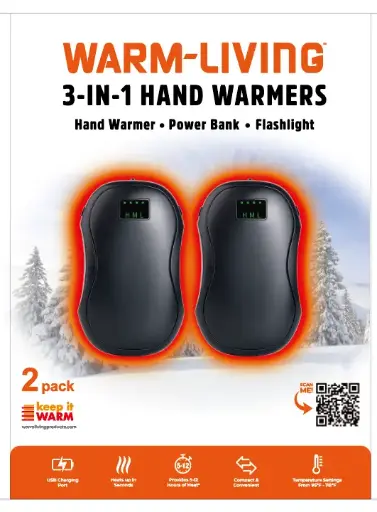 [WL-HW01-K2J] Warm Living 3-in-1 Handwarmers with Built-in Flashlight and Powerbank - Set of 2